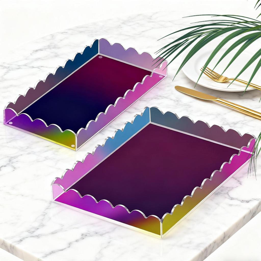 Acrylic Tray 2-Piece Colorful Scalloped Vanity Tray Coffee Table Decor For Kitchen Vanity Nightstand Counter Home Decor Soap