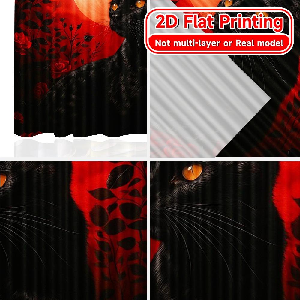 Set Of 2 Flat Printing Curtains Without Rod Moonlit Feline Halloween Festival Fashion Semi Festive Curtain With Light Filtering Polyester