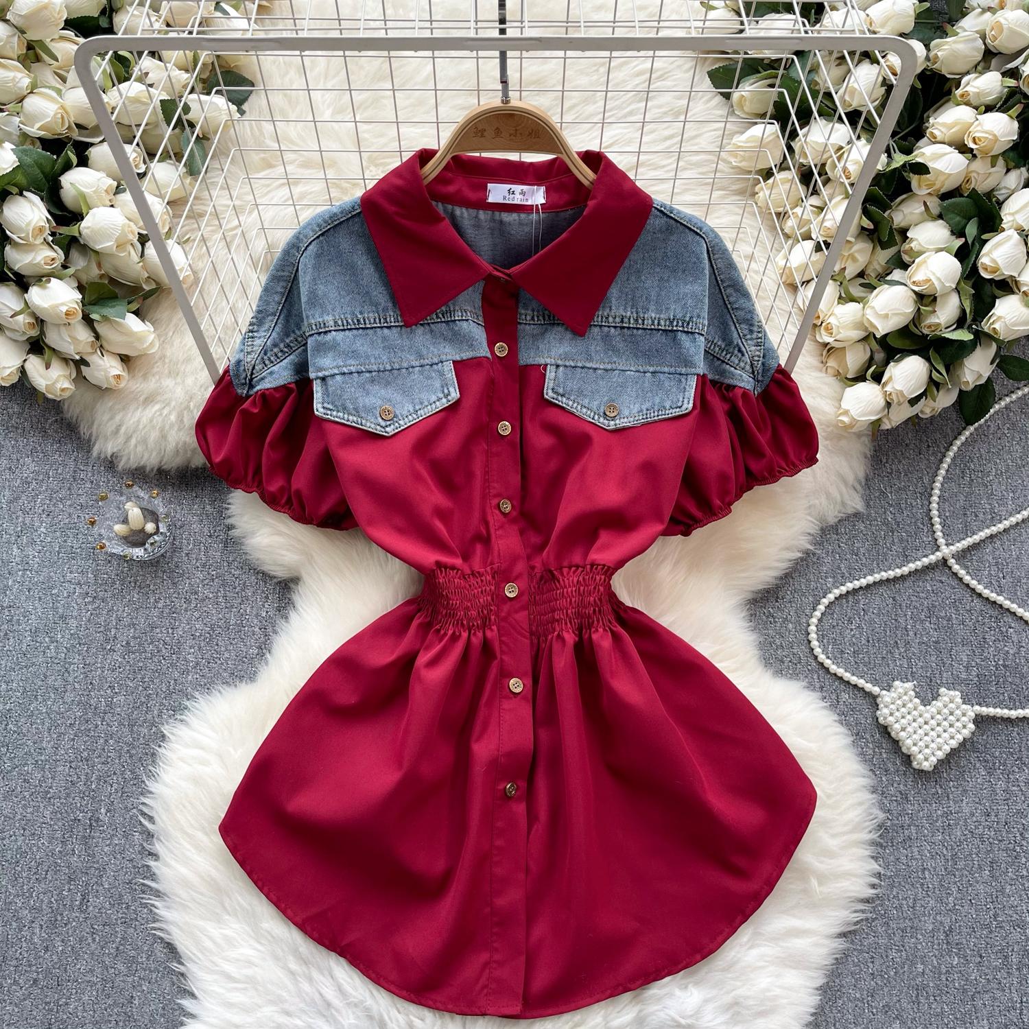 

Женские топы, уличная модная блузка, лоскутная рубашка контрастного цвета с коротким рукавом, рубашка с тонкой талией, блузка 2024, Blusas Mujer De Moda One Size кларет