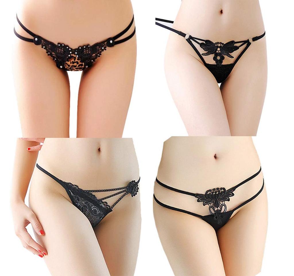 Cute and Attractive Design Black Set of R-Style Women's Panties, 4, T-Back/O-Back (TYPE D)
