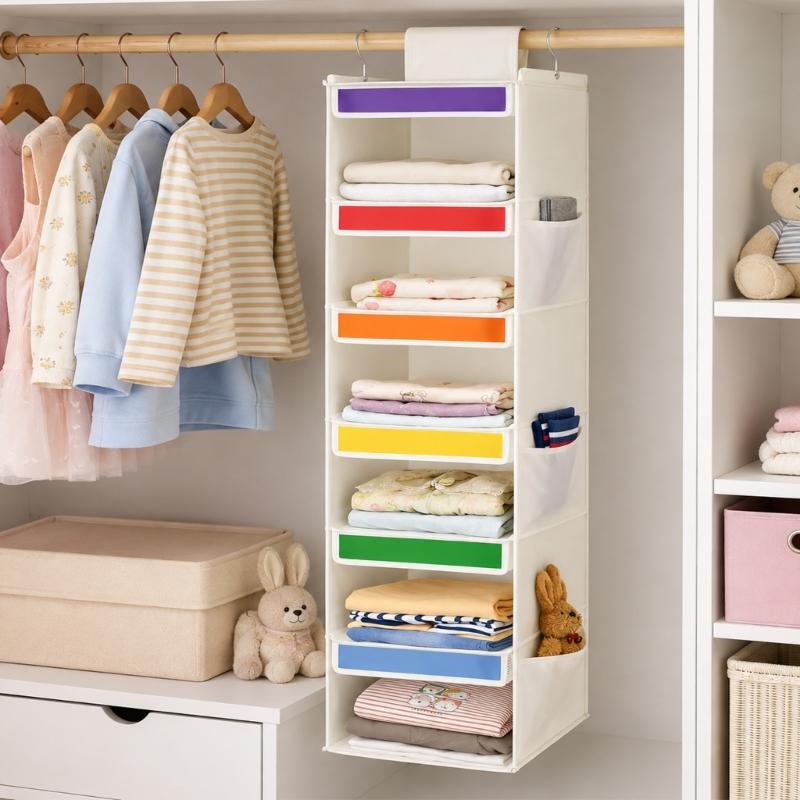Hanging Closet Shelves for Kids Clothes, 6 Section Weekly Storage with Side Pockets and Fabric Shelf Design for Home Use