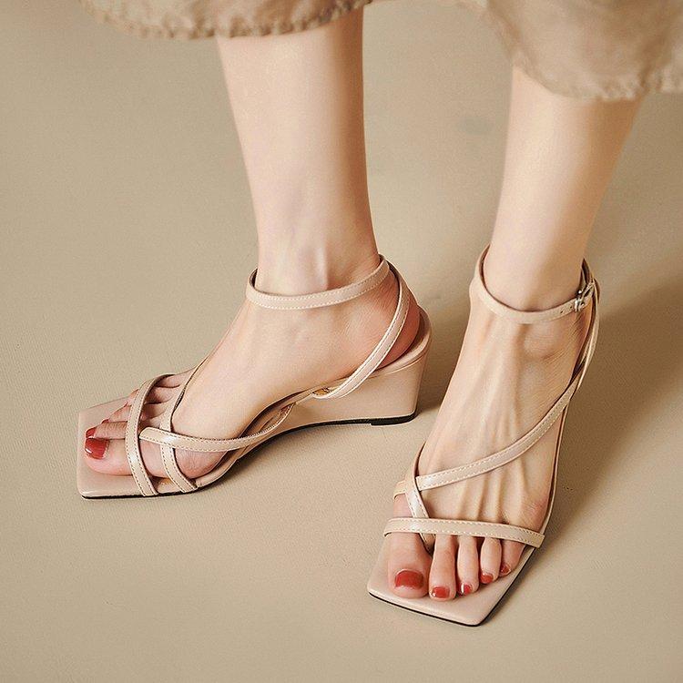 

Taizhou women s sandals 2024 summer new square head cross strap sandals shoes thin strap wedge heel high heel sandals women 42 абрикосовий