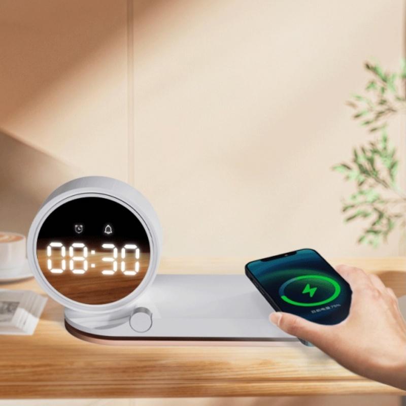 15W Wireless Charger Stand with Alarm Clock and Type-C Port-Desktop Multifunctional Fast Charging ABS Material for Smartphones