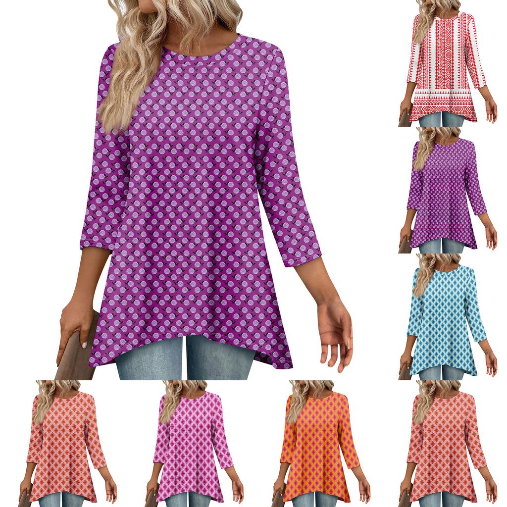 Tunic Tops For Women Loose Fit Prints Tops 3/4 Length Sleeve Womens Tops With Asymmetrical Hem