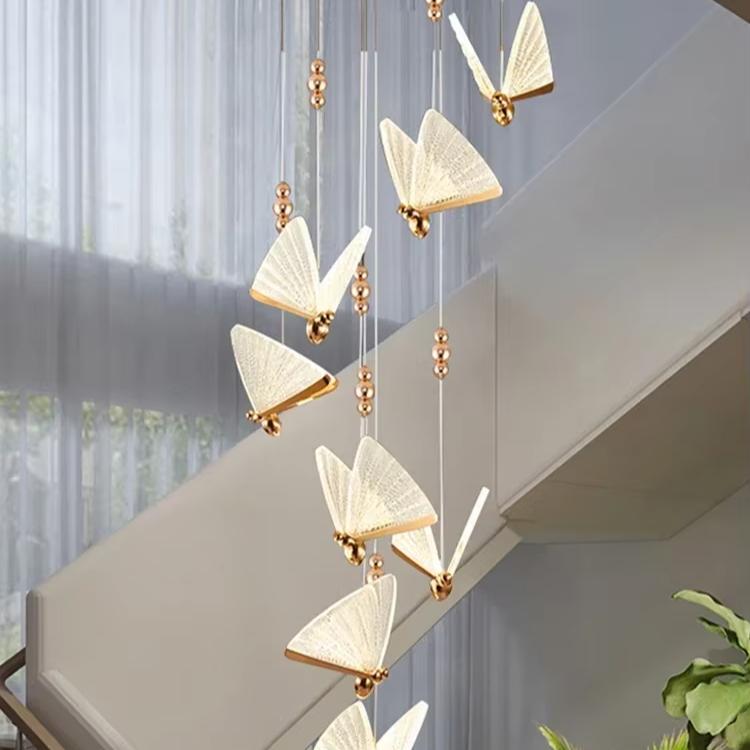 Nordic Duplex Luxury Living Room Background Wall Creative Decoration Rotating Staircase Butterfly Attic Hollow Chandelier