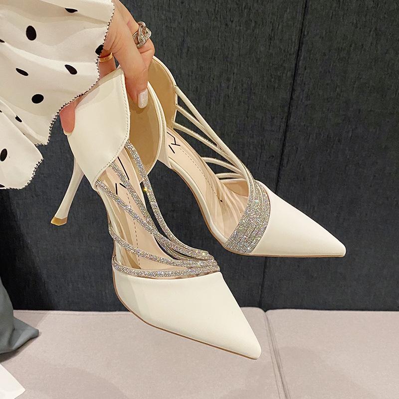 French high heels women's design sense niche temperament socialite rhinestone fairy style thin heel shallow mouth pointed single shoes