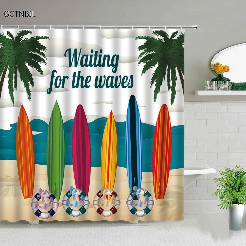 Surf Van Shower Curtain, Waterproof Fabric with Tropical Design for Fun Beach-Themed Bathroom Decor, Adds Coastal Vibes
