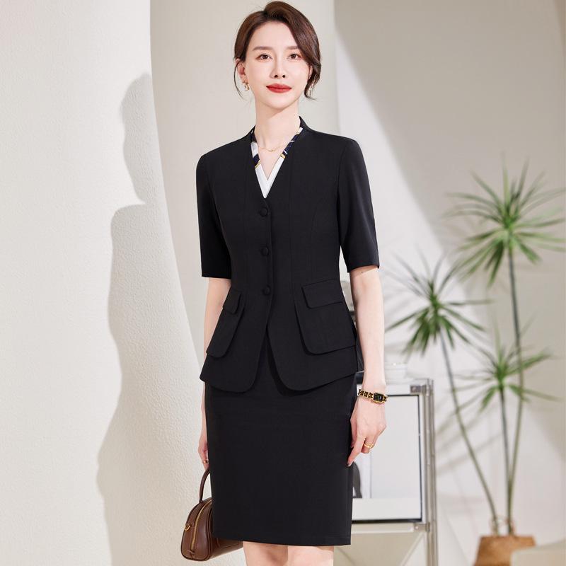 Women's Black Short Sleeve Professional Suit Set for Summer - Elegant Front Desk and Salon Workwear