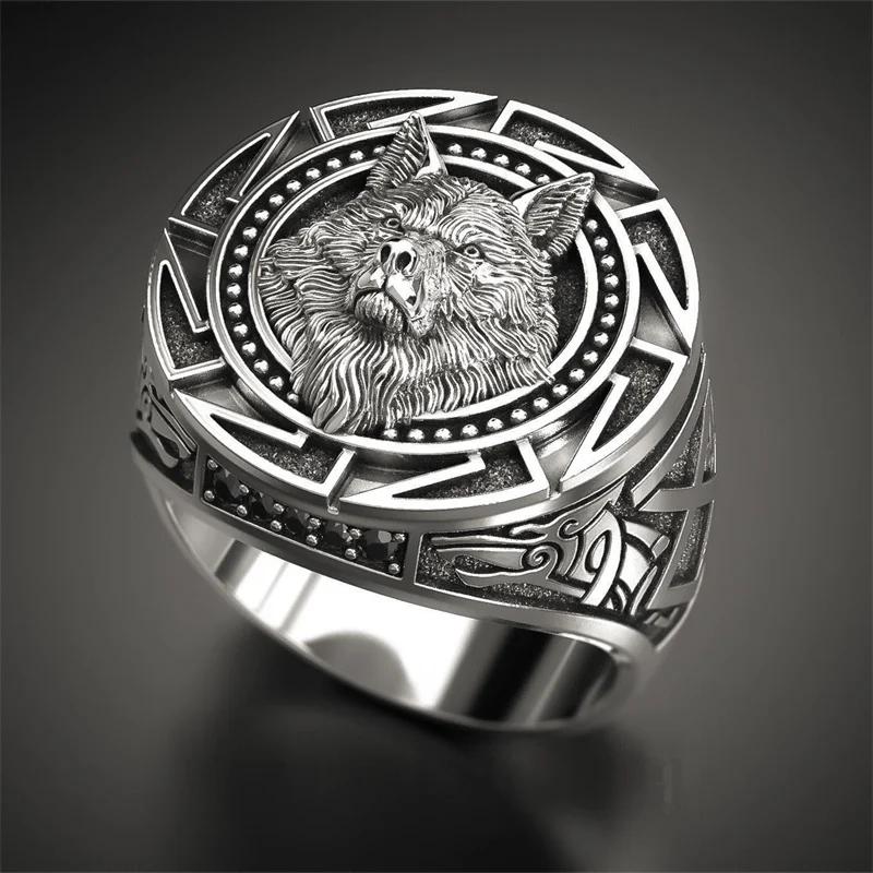Vintage Relief Ancient Wolf Head Ring for Mens Viking Gothic Steampunk Hip Hop Carved Animals Pattern Party Jewelry