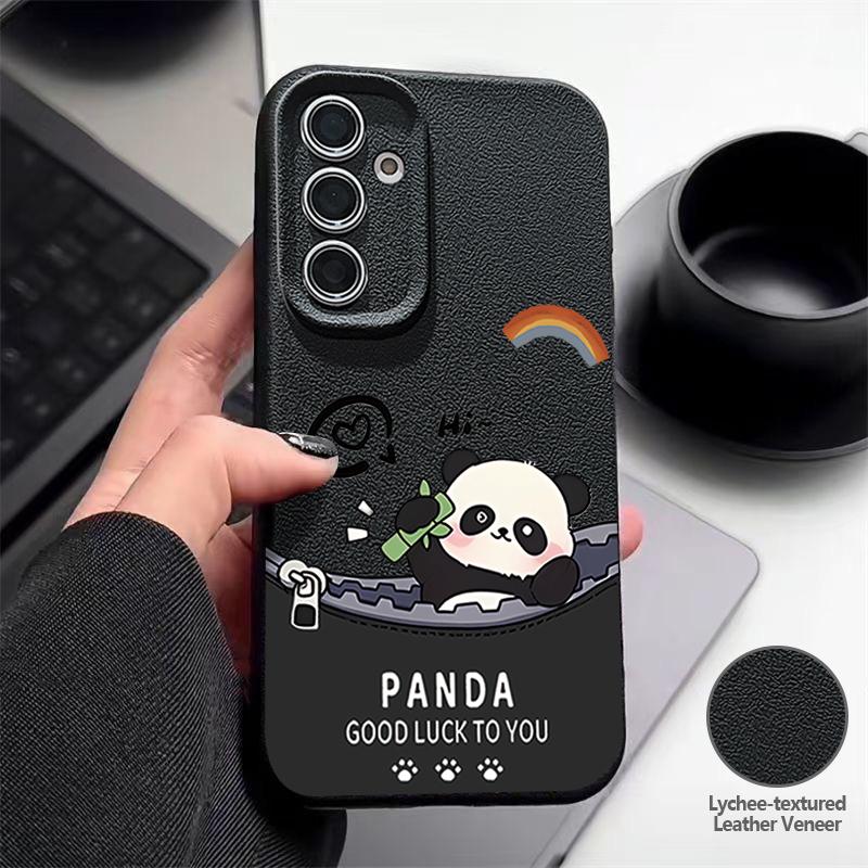 Cute Panda Print Case For Samsung S26 S25 Ultra S24 S23 S22 S21 FE A15 A35 A55 A16 A36 A56 A17 A18 A37 A57 5G Leather Texture Soft Cover