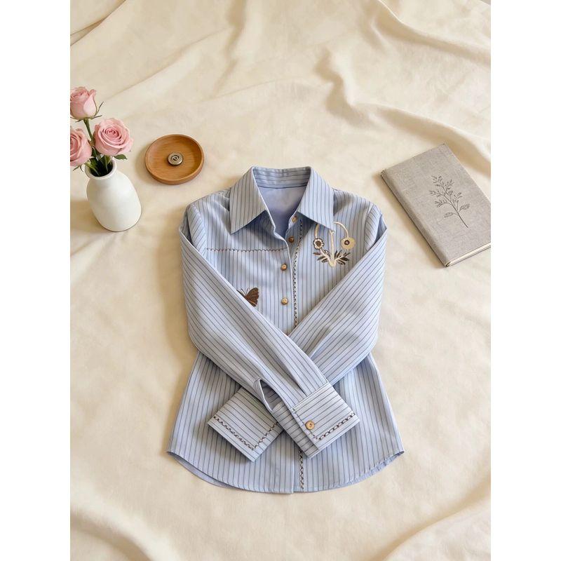 Striped Turn-Down Collar Long-Sleeve Shirt for Women, New Spring Model with Butterfly Embroidery, Slimming Loose Fit, Versatile Trendy Top