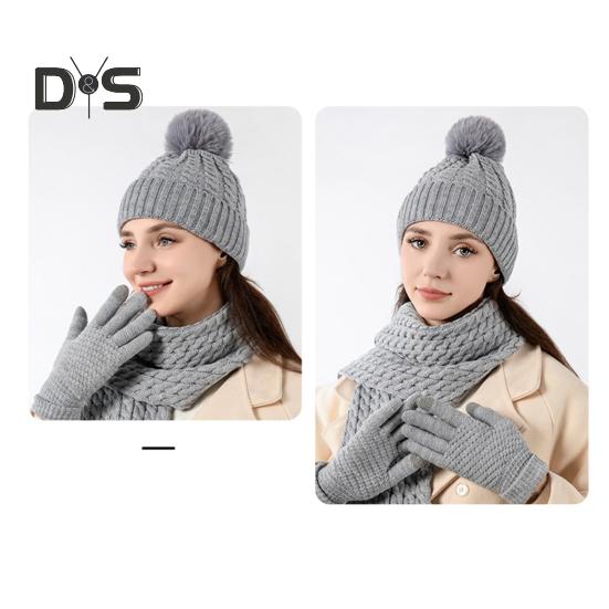 3 Pcs/Set Unisex Winter Hat Scarf Gloves Set Thick Knitted Ear Protection Cap Gloves Stretchy Plush-lined Windproof Winter Dome Beanie Neck Wrap Set