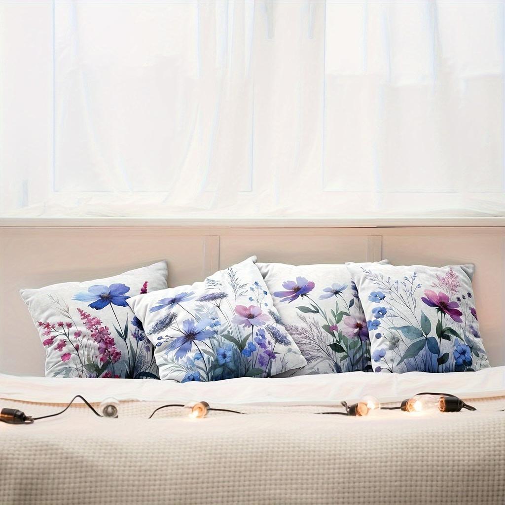 Soft Blue & Pink Wildflower Pillowcase: Watercolor Meadow-Themed Cushion Cover For Cottage Core Home Sofa Decor