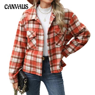 Autumn and Winter Women's Plus Size Long Sleeve Loose Pocket Plaid Top Tweed Jacket