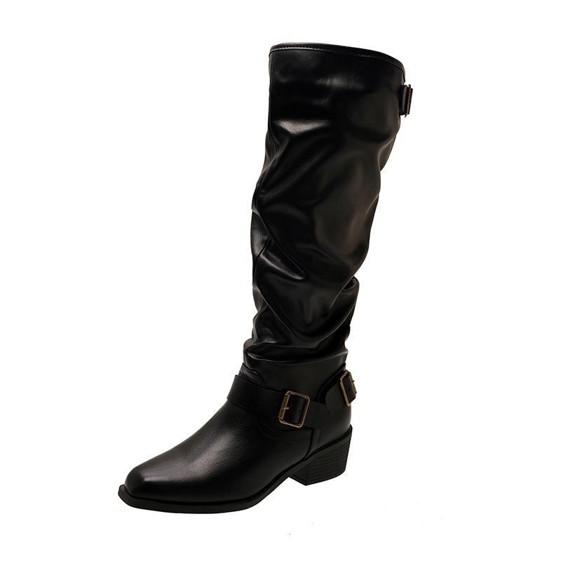 Weiche Lederversion~ spitzer dicker Absatz weiße kurze Stiefel Damen Gürtelschnalle Martin Boots Temperament Schaftstiefel