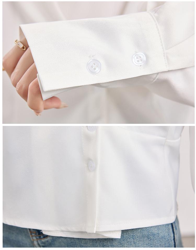 Women's Chic French White Long-Sleeve Shirt, Irregular Waist-Cinching Design, Stylish, Petite Fit, Perfect for Spring/Autumn