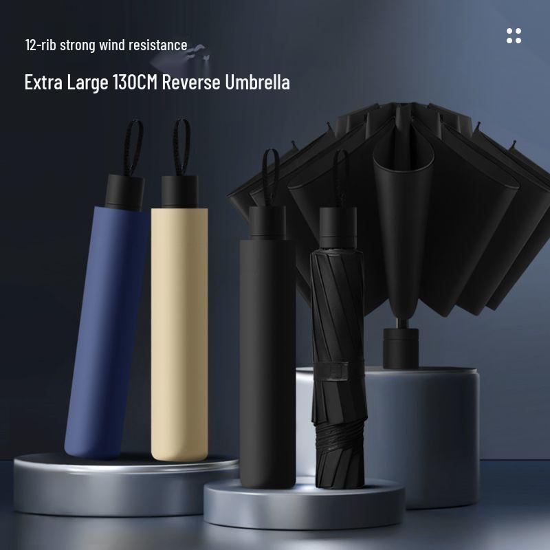 12-Rib Manual Reverse Folding Umbrella: Sturdy, Windproof, Black Glue Sunscreen, Car Use Umbrella for Men 130