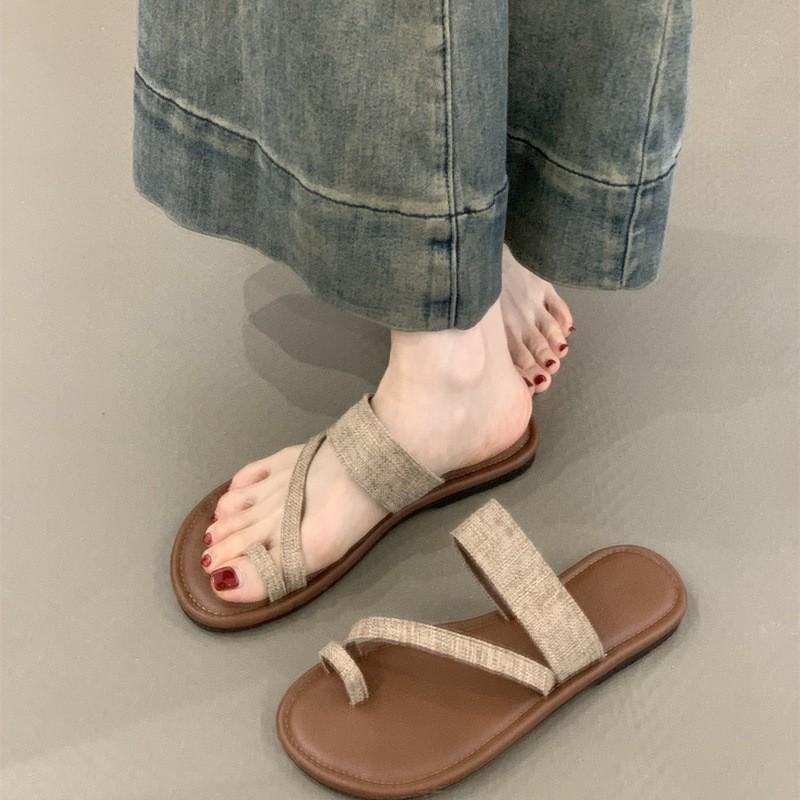 Set of toe Roman sandals 2025 summer Korean version ins style linen toe holiday beach flat cool slippers women