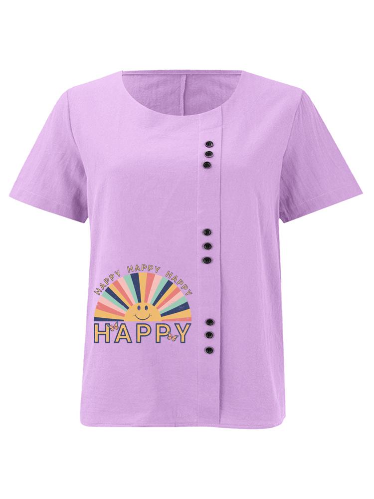 Women's Fashion Rainbow Letters Print Printing Shot Sleeve T-shirt Loose Cotton Shirt Casual Loose Summer Plus Size Blouse Tops