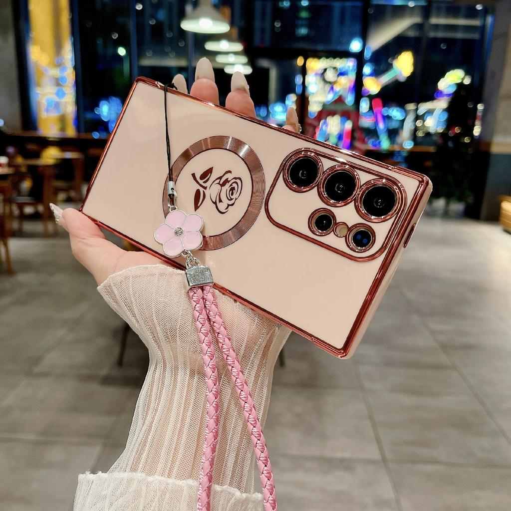 Pro Samsung Galaxy S25 Ultra Magnetické pouzdro s pleteným popruhem Růžový květ Elektroplátovaný TPU kryt na telefon