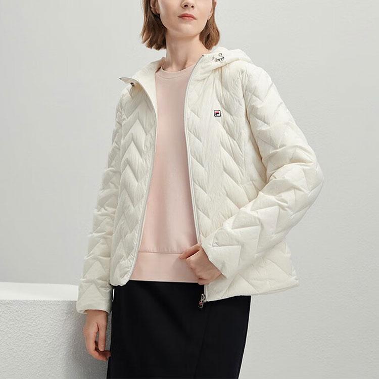 Fila Solid Color Zipper Hooded Down Jacket Women Outerwear Steam-White F11W341902F-IV