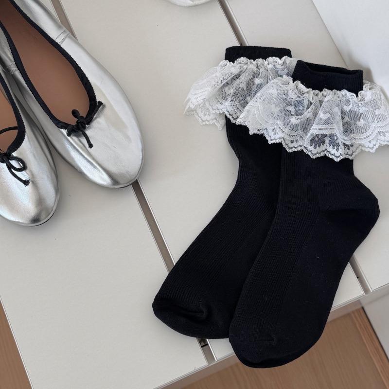 

Женские весенне-летние носки-гольфы в балетном стиле, однотонные, универсальные, с большим кружевом 1 pair чёрный