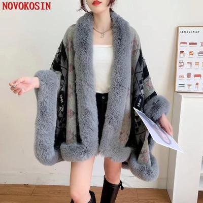 2022 inverno batwing mangas exterior usar longo pele do falso solto capa feminina impresso malha poncho manto engrossar quente streetwear casaco