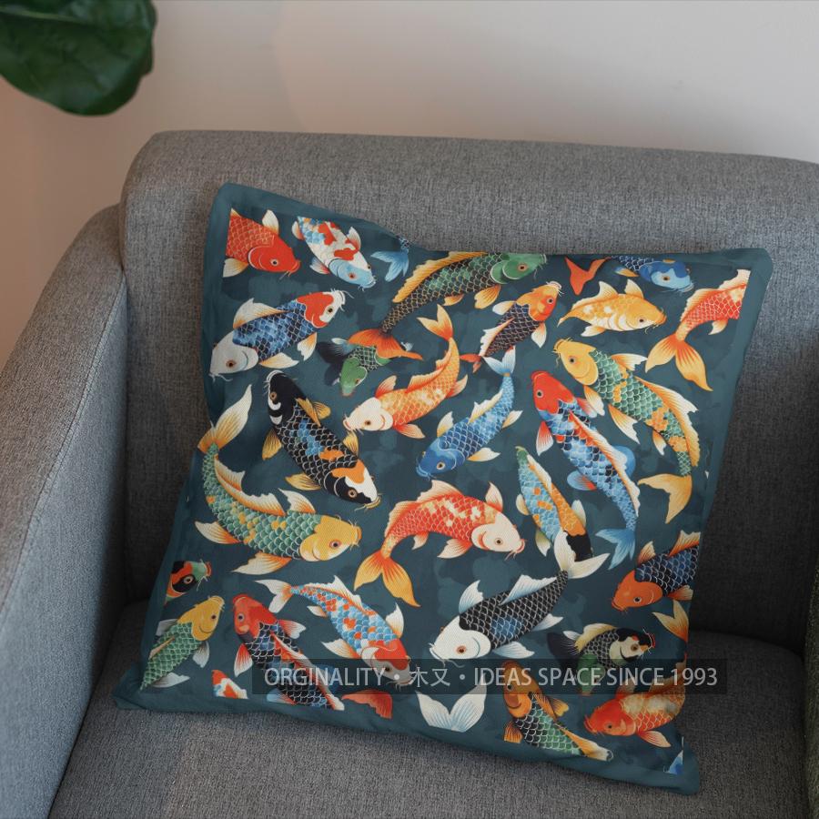 2D Colorful Koi Fish In Wave Pattern Pillow Cover Pattern Cushion Cover Suitable For Sofa Bedroom Car Pillow Cover
