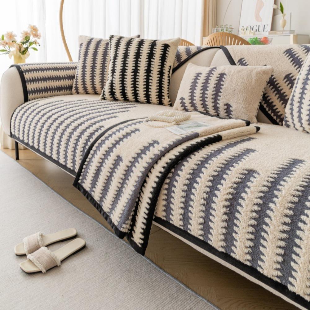 Winter Jacquard Cotton Flannel Solid Color Sofa Cover Modern Simple Super Soft Non Slip Sofa Cushion