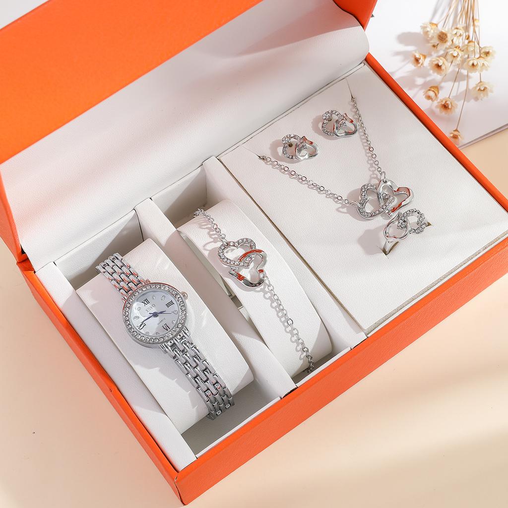 Women Quartz Watch Necklace Ring Jewelry Gift Set Watches Gift Set with Ruby Earrings for Wedding and Party Gift Set