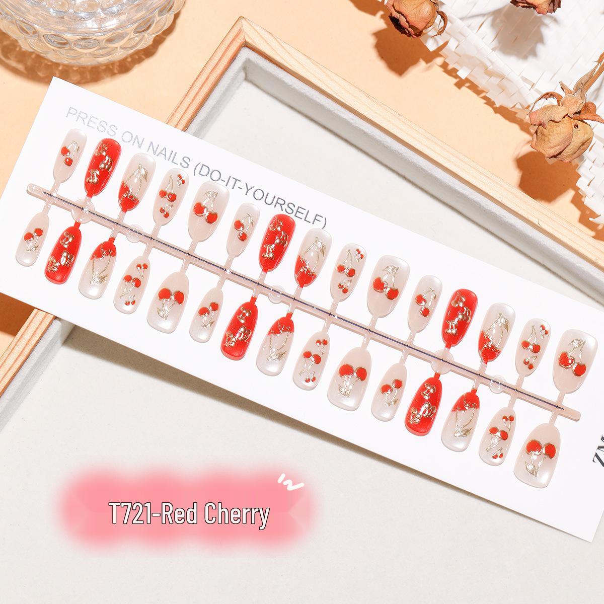 

Red Cherry Short Oval Festive 3D Cat Eye Wearable Nail Stickers Full Strip S/S/S