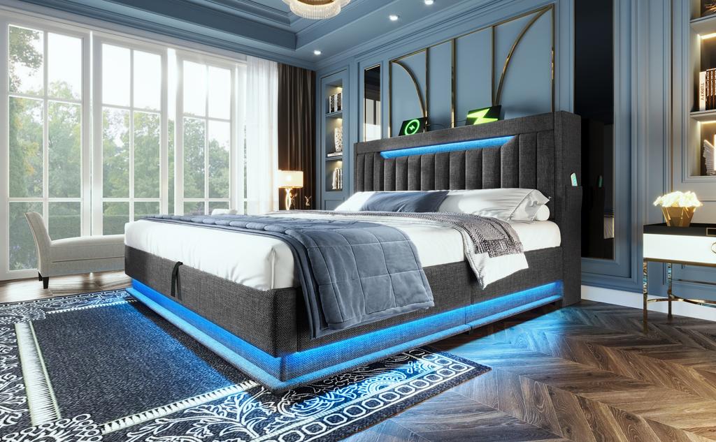 140x190cm Double Bed, Storage Headboard with USB and Type-C Ports, LED Lighting At Head and Foot, Hydraulic Storage, Grey, Linen. (without Mattress)