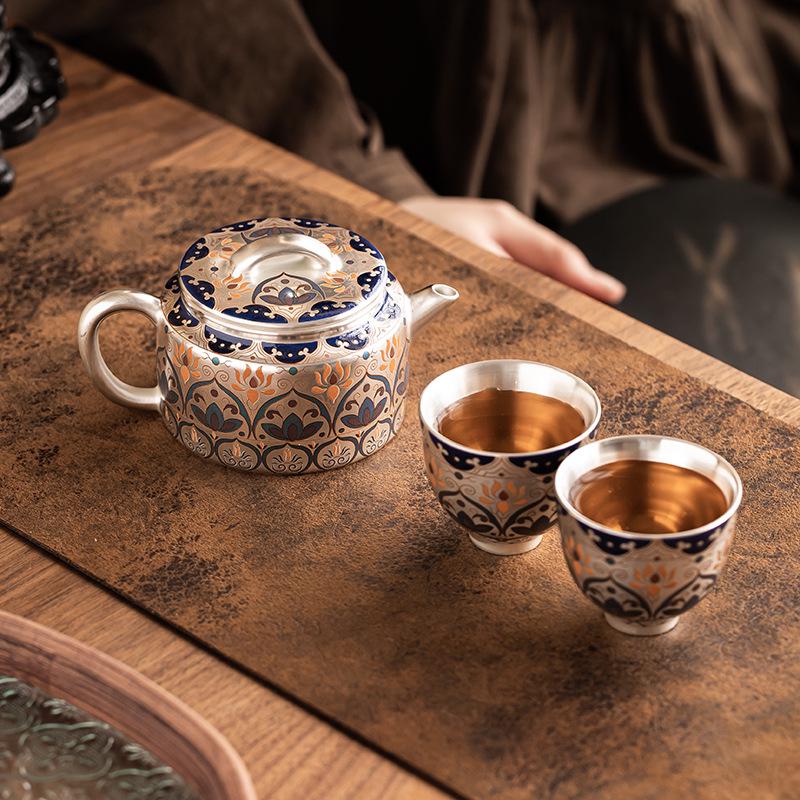 Chinese Silver-Plated Tea Set: Teapot & Cups Gift for Elders, Friends, Housewarming, or Birthday Souvenir.