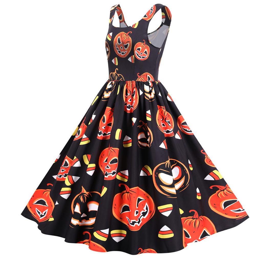 Fashion Women Vintage Halloween Print Sleeveless Evening Party Prom Dress
