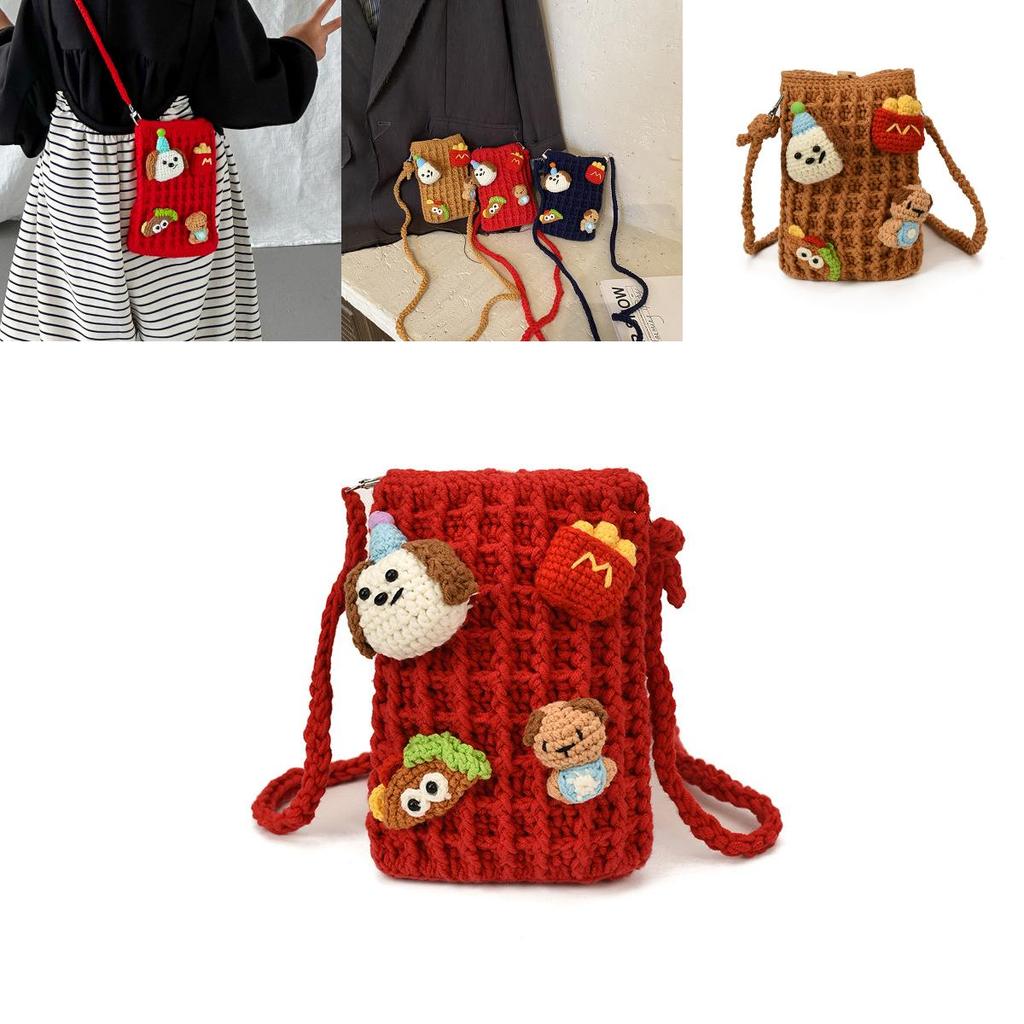 Cartoon Kids Shoulder Bag With Handcrafted Knit Cute Doll Design For Toddler Daily Use