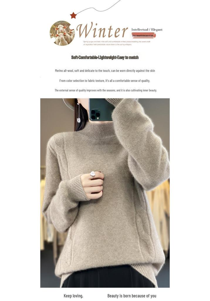 Women's Cable Knit Wool Sweater - Half-High Neck, Loose Fit, Thickened Seven-Stitch Base Layer for Autumn and Winter