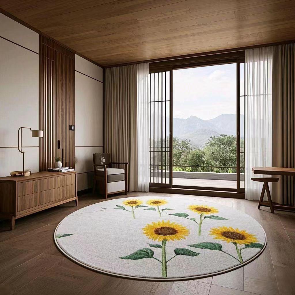 

Sunflower Pattern Bedroom Decor Round Carpet Thick Plush Carpets for Living Room Fluffy Soft Bedside Rug Home Washable Floor Mat 80x80CM