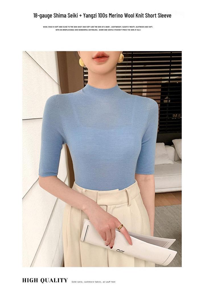 Women's Slim-Fit Knitted Sweater: New Spring Style, Yangzi Yarn, Half-High Collar, Five-Point Sleeves