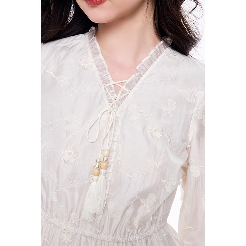 Qiushui Yiren Elegant V-Neck Jacquard Lantern Sleeve Dress