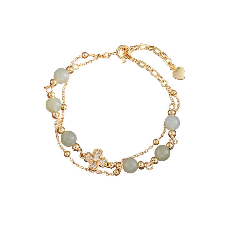 Flower Nongying Bracelet Four-leaf Clover Hetian Jade Bracelet Small Fresh Mori Double Layer Stacked Jewelry Gift