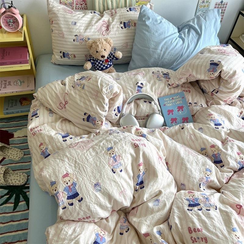 Washed Cotton Four-piece Set, Small Fresh Quilt Cover, Dormitory Bed Sheet Three-piece Set, Bedding