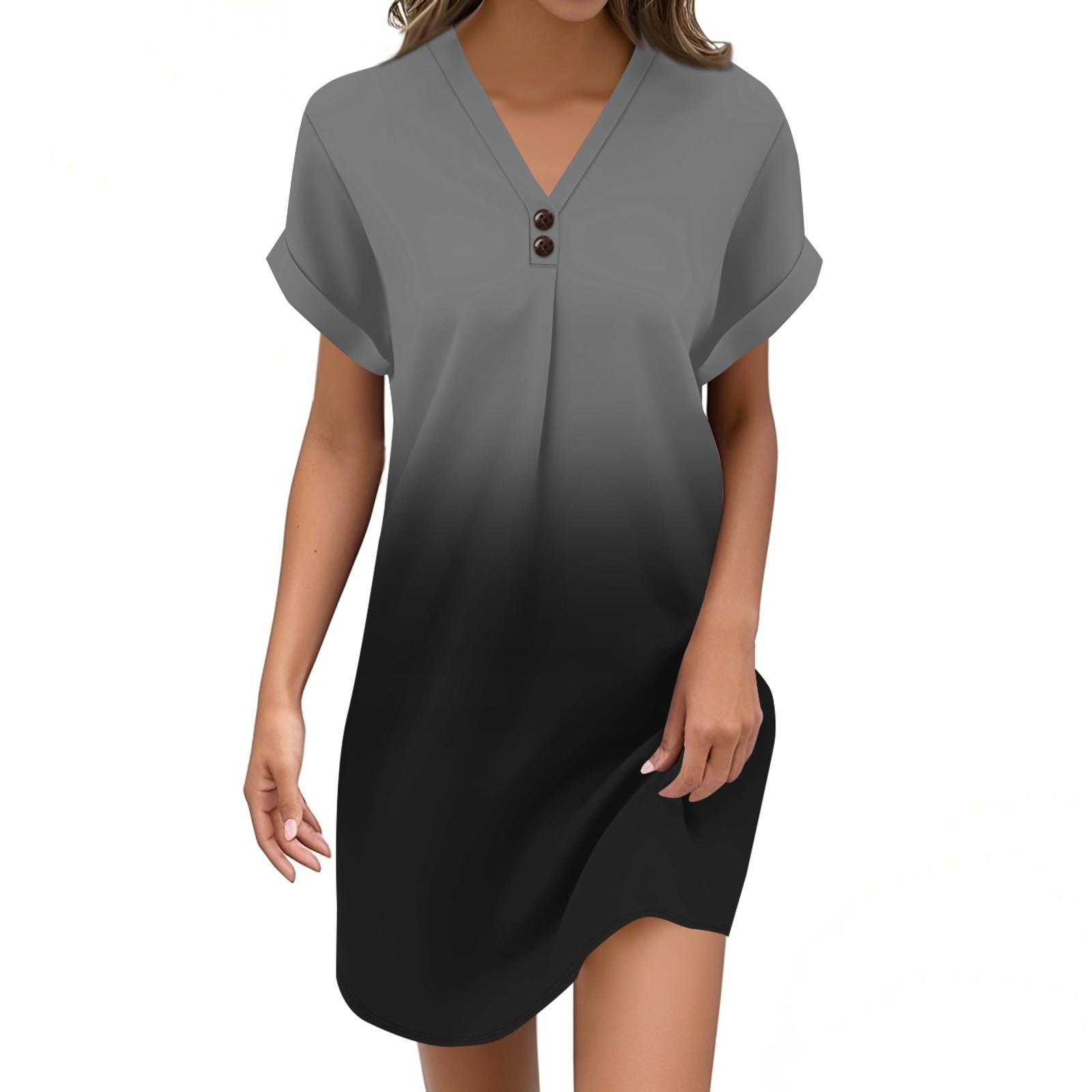 Women s Fashion V-neck Gradient Print Jumper Casual Button Dress L