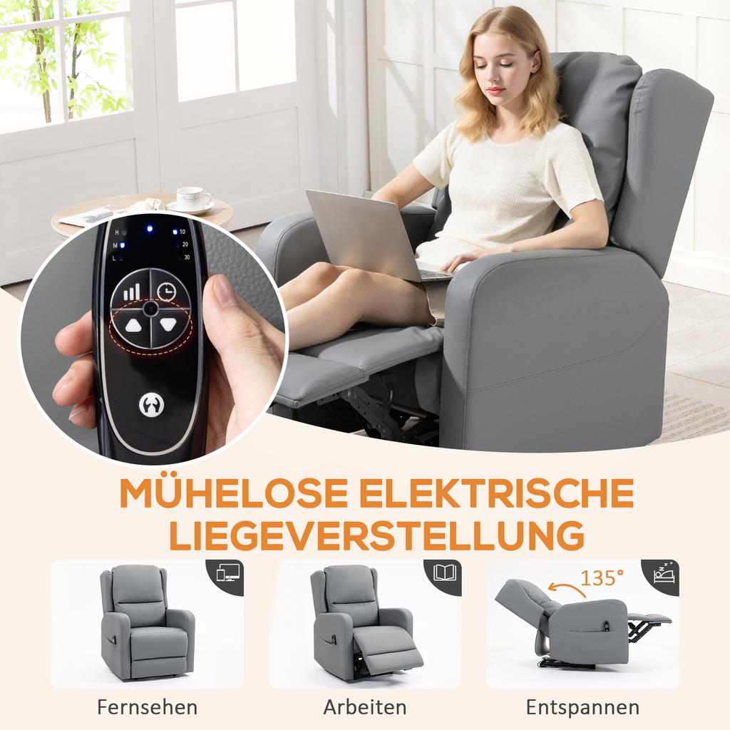 Massage Chair with Recline Function, Faux Leather, Electrically Adjustable, Footrest, Side Pocket, Steel Frame, Grey