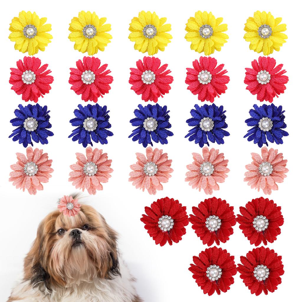 25Pcs/lot Cute Pet Dog Cat Hair Bows Flowers Grooming Bows with Rubber Bands for Pet