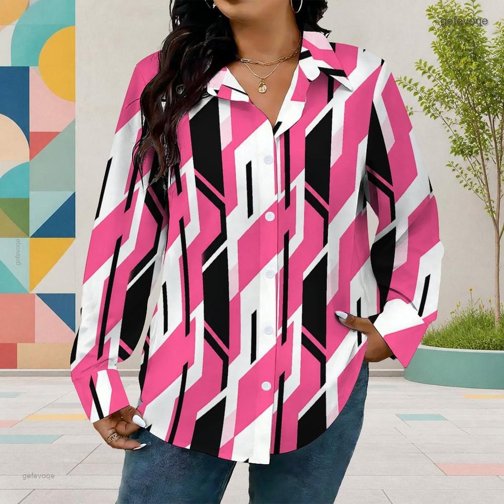 Women Plus Size Multicolor Geometric Printed Collared Long Sleeve Button Front Curved Hem Shirt