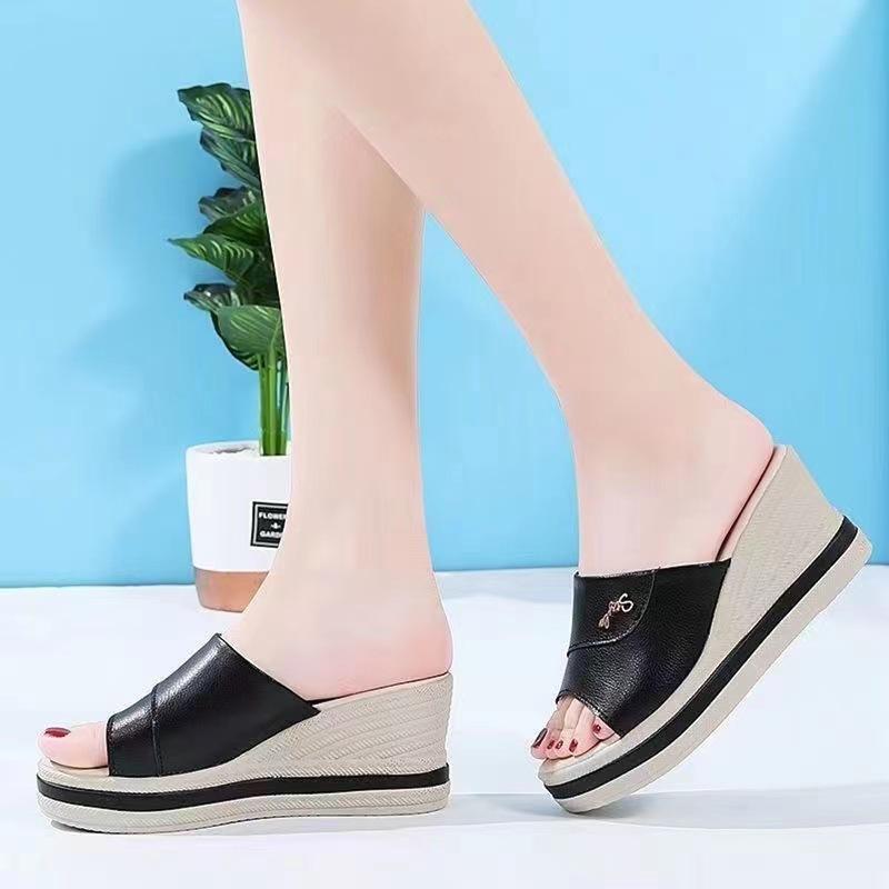 Soft Leather Slippers Women's Summer 2025 Wedge Heel Women's Shoes Versatile Muffin Thick Sole Heightening One-word Sandals Non-slip and Wear-resistan