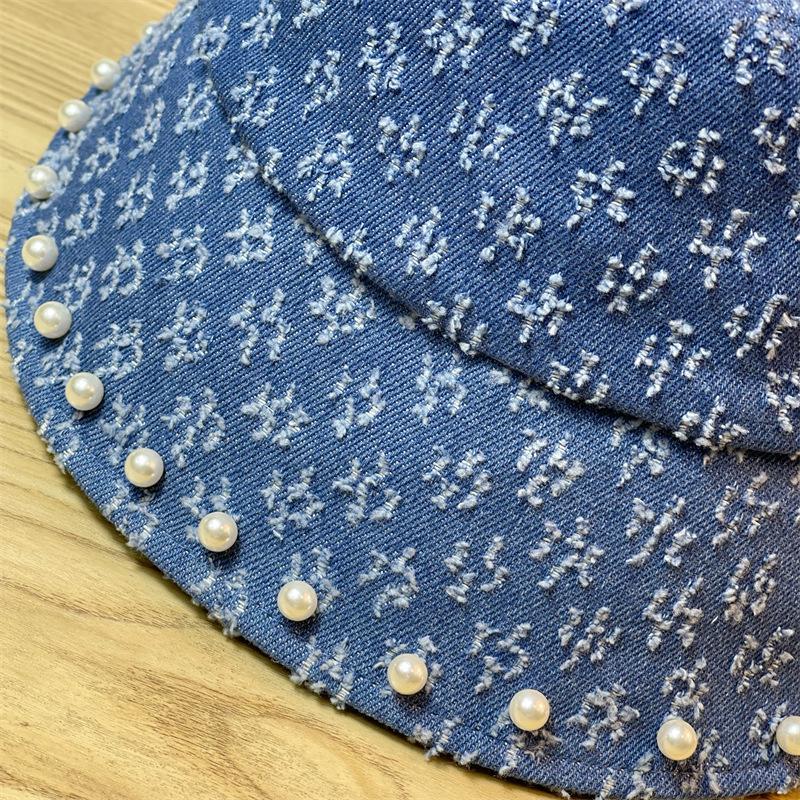 New Retro Washed Denim Pearl Bucket Hat Women's Autumn and Winter Bucket Basin Hat Children
