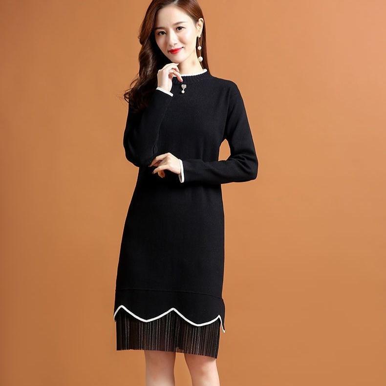 Women's Mid-length Knitted Dress for Autumn and Winter Solid Color Loose Sweater Dress