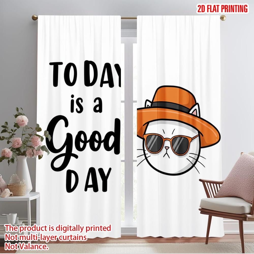 

2pcs 2D flat printing Scene Curtain Cute Cat Sunglasses Summer Polyester Without Electricity Festive Curtains for Classroom 52.50×116.00 CM 2pcs