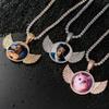 Hip Hop Style Round Photo Pendant Necklace with Wings - Copper & 14K Gold Inlaid with Zirconia